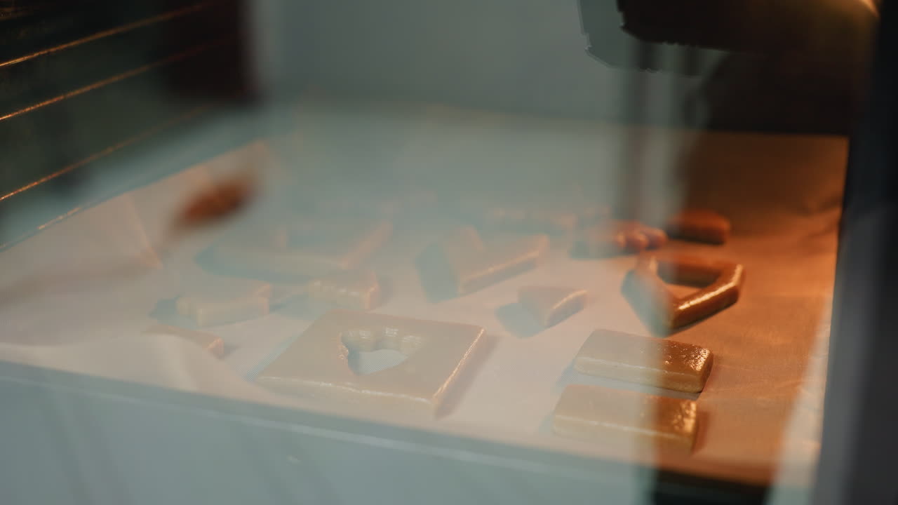 primer plano de galletas de varias formas horneadas dentro de un horno visto a través de la puerta de vidrio del horno, luz cálida brillando desde el horno mientras las galletas se hornean en una bandeja forrada con papel de pergamino