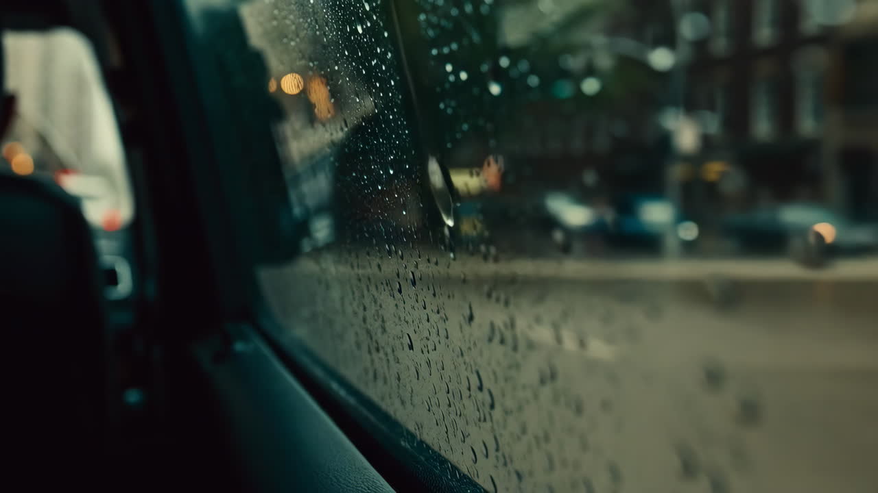 차 안에서 비가 오는 도시 거리 풍경