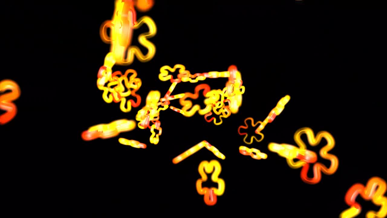 빨간색과 노란색의 네온 추상적인 꽃들이 빛나고, 곳곳에 움직이는 빛의 흐름이 빛나고 있습니다.