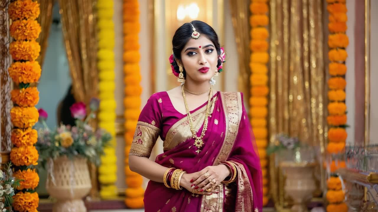 Beautiful Indian bride wearing vibrant sari, adorned with golden jewelry, standing in ornate interior decorated with orange floral garlands during traditional wedding celebration