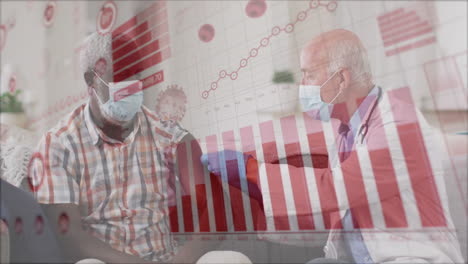 animation of statistics and covid 19 cells over man receiving vaccination wearing face mask