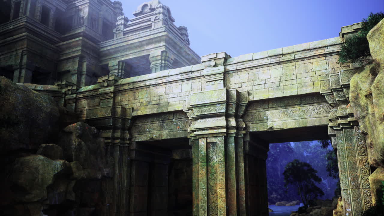 Ancient temple ruins by a serene lake surrounded by green hills