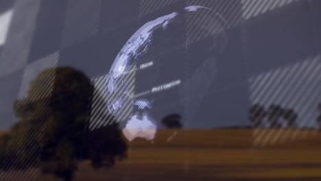 Animation of digital globe with location names overlaying landscape and trees