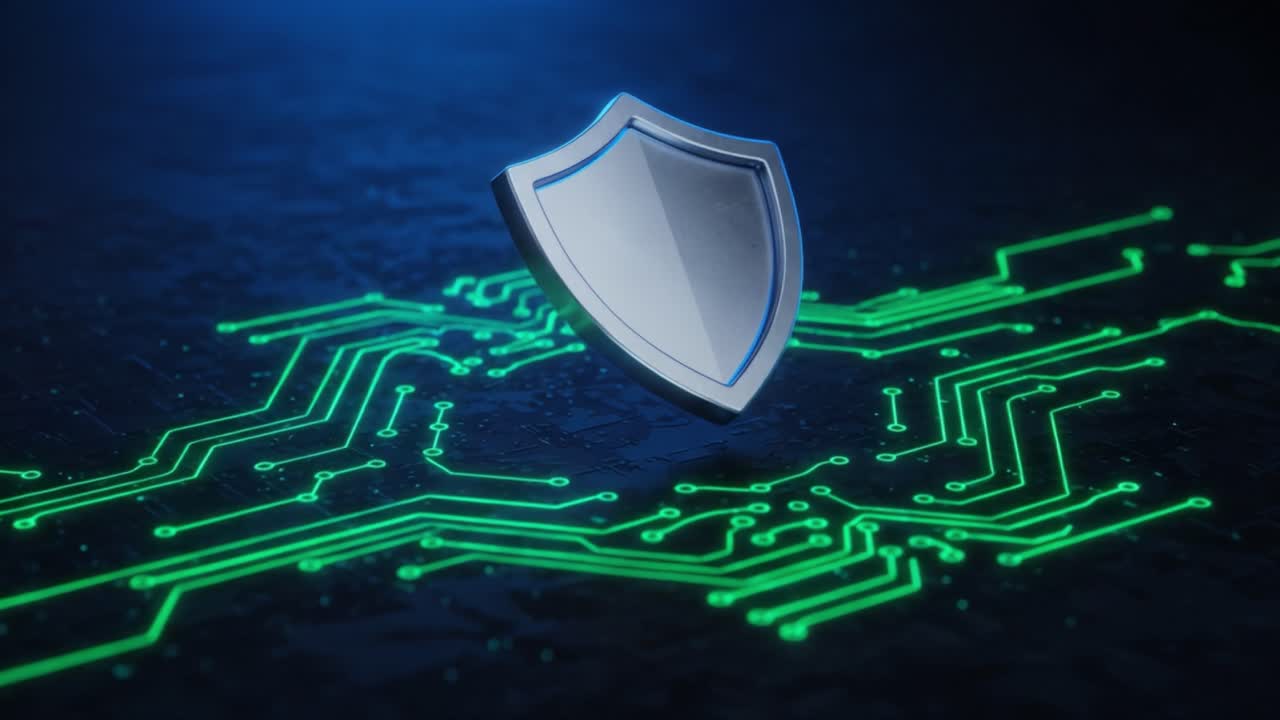 A Digital Shield Symbolizing Cybersecurity, Representing Protection Against Online Threats with a Circuit Board Design, Highlighting Modern Technological Safeguards