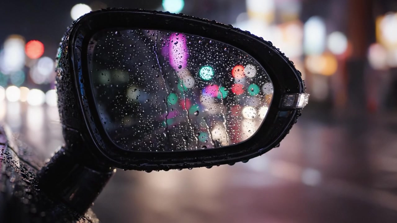 Una scena notturna accattivante dello specchietto laterale di un'auto che riflette luci vivaci della città e gocce di pioggia, catturando l'essenza della vita urbana in un'atmosfera piovosa