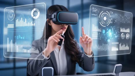 an innovative professional using virtual reality technology to interact with data displays, showcasing the future of work and immersive digital environments