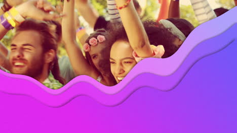 animation of purple wave over happy people dancing outdoors