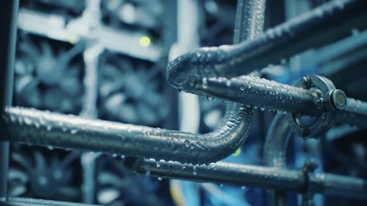 Close-up Views of Advanced Data Center Cooling Systems Featuring High-Performance Fans and Condensation on Pipes for Efficient Temperature Regulation
