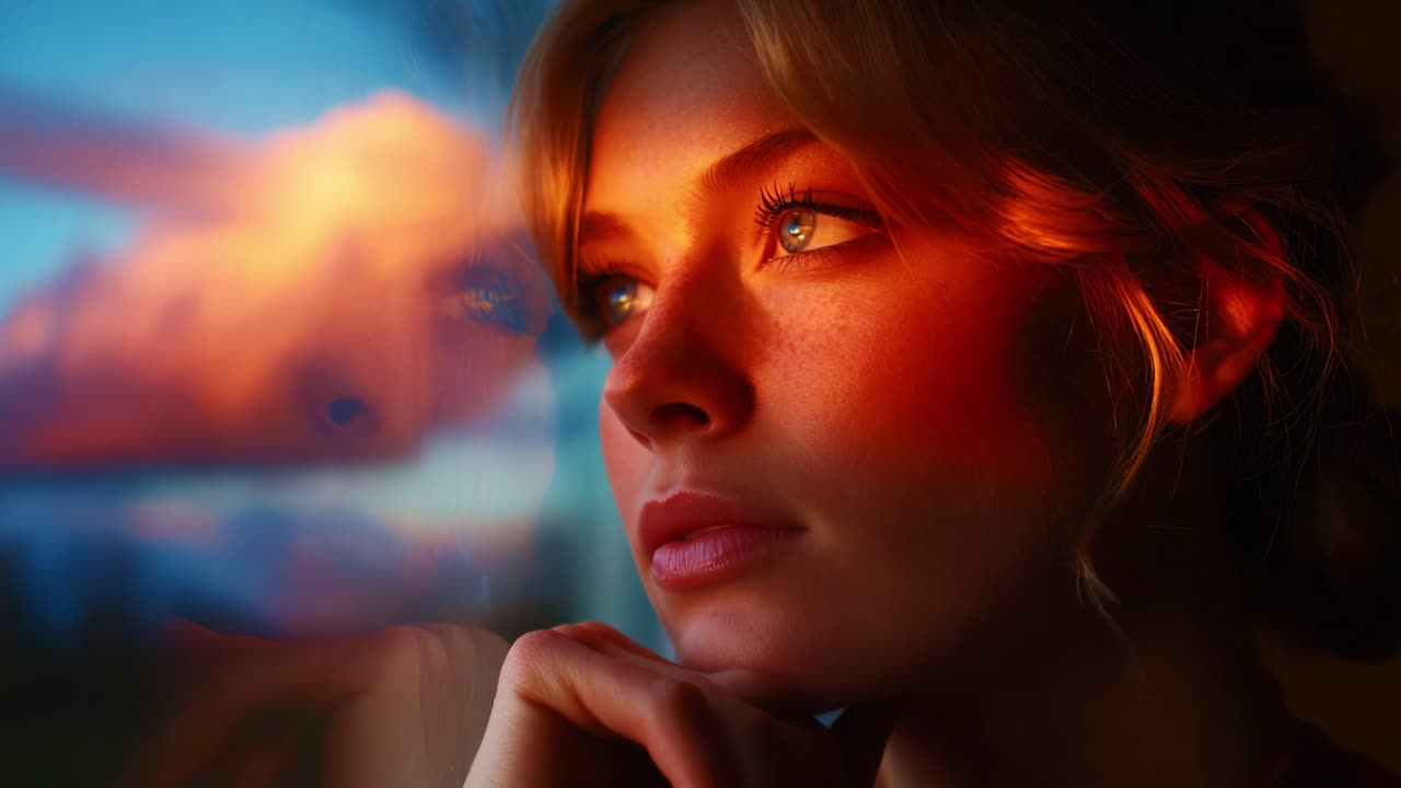 A Thoughtful Moment: A Young Woman Gazes Out a Window at Sunset, Lost in Contemplation, Her Expression Reflecting the Beauty of the Golden Hour and the Calmness of the Scene Outside, Creating a Serene Atmosphere