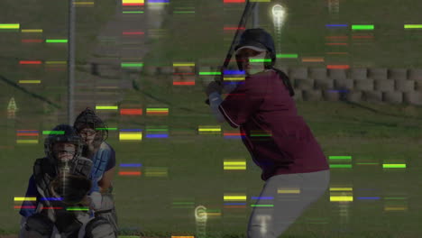 softball batter swinging at home plate on field, with sports analytics overlay tracking swing path