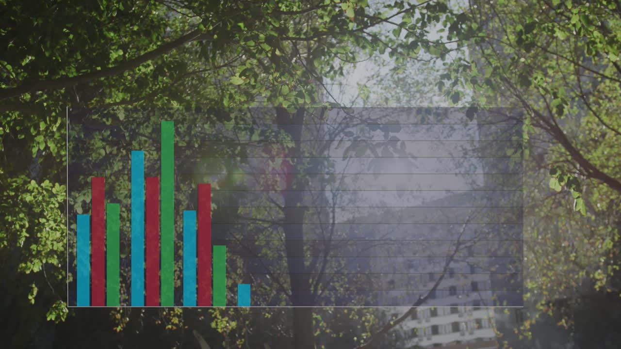 Bar chart animation over lush green trees and building in background