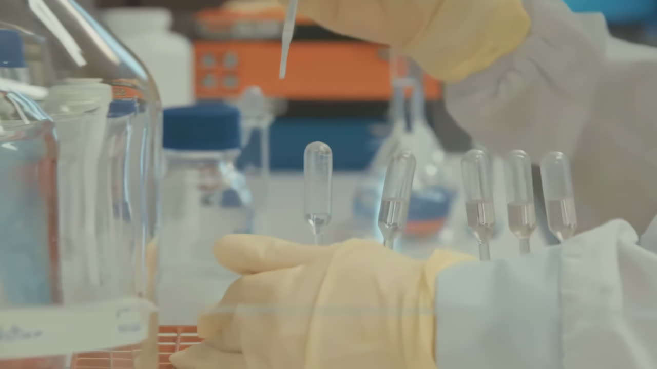 Doctor or scientist transfer fresh sample liquid into petri dishes and flasks for cell culture assay in biological cabinet. Doing molecular experiment in cleanroom facility