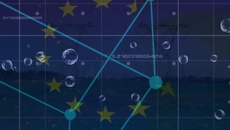 animation of diverse data over globes, connections, european union flag over electricity poles