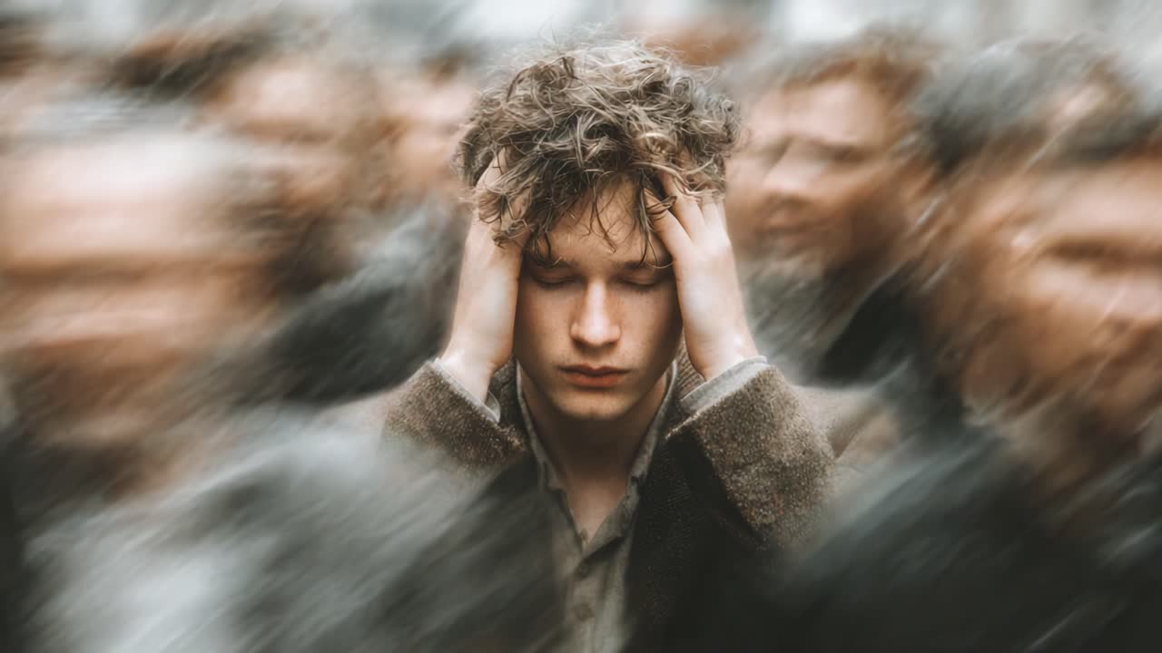 A Moment of Solitude: A Young Man Struggles with Overwhelming Thoughts and Noise in a Crowded Scene, Highlighting the Intense Conflict Between Inner Peace and External Chaos