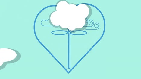 animation of wind turbine in heart shape with white clouds on blue background