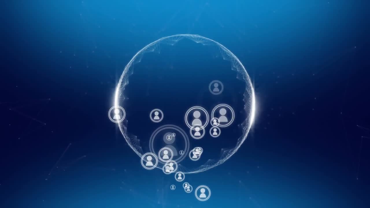 파란색 배경에 전 세계에 있는 사람들의 아이콘의 애니메이션