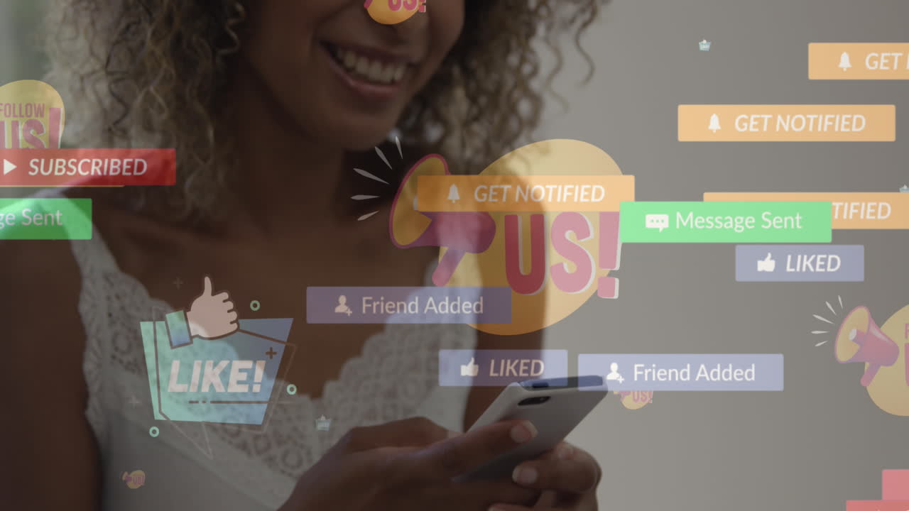 Animation of follow us and social media icons over smiling biracial woman using cellphone