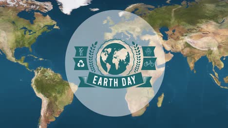 Animation-of-earth-day-text-and-green-globe-logo-over-world-map