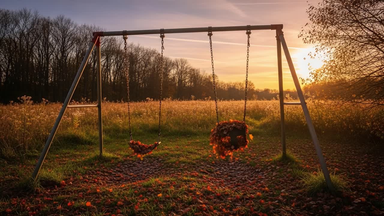A Serene Sunset Scene Over Abandoned Swings in a Quiet Field, Capturing the Beauty of Nature and the Passage of Time with Leaves and Soft Warm Light