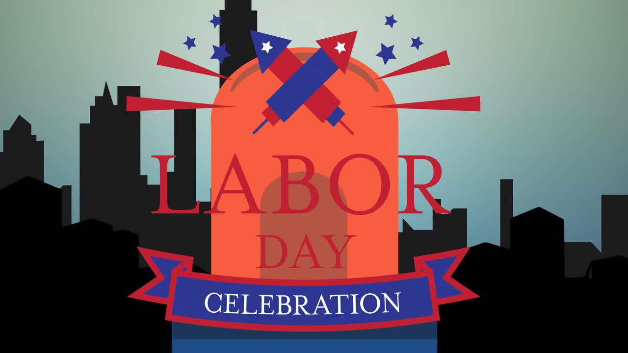 행복한 노동 텍스트와 불꽃놀이 도시 풍경의 실루 ⁇ 에 반 ⁇ 이는 사이렌