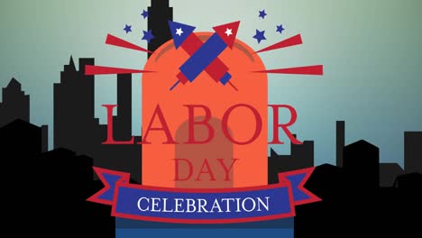 happy labor text and fireworks over flashing siren against silhouette of cityscape