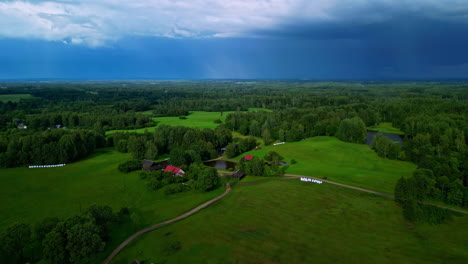 Luftaufnahme-Eines-Malerischen-Waldes-Mit-Grünen-Bäumen-Und-Blauem-Himmel