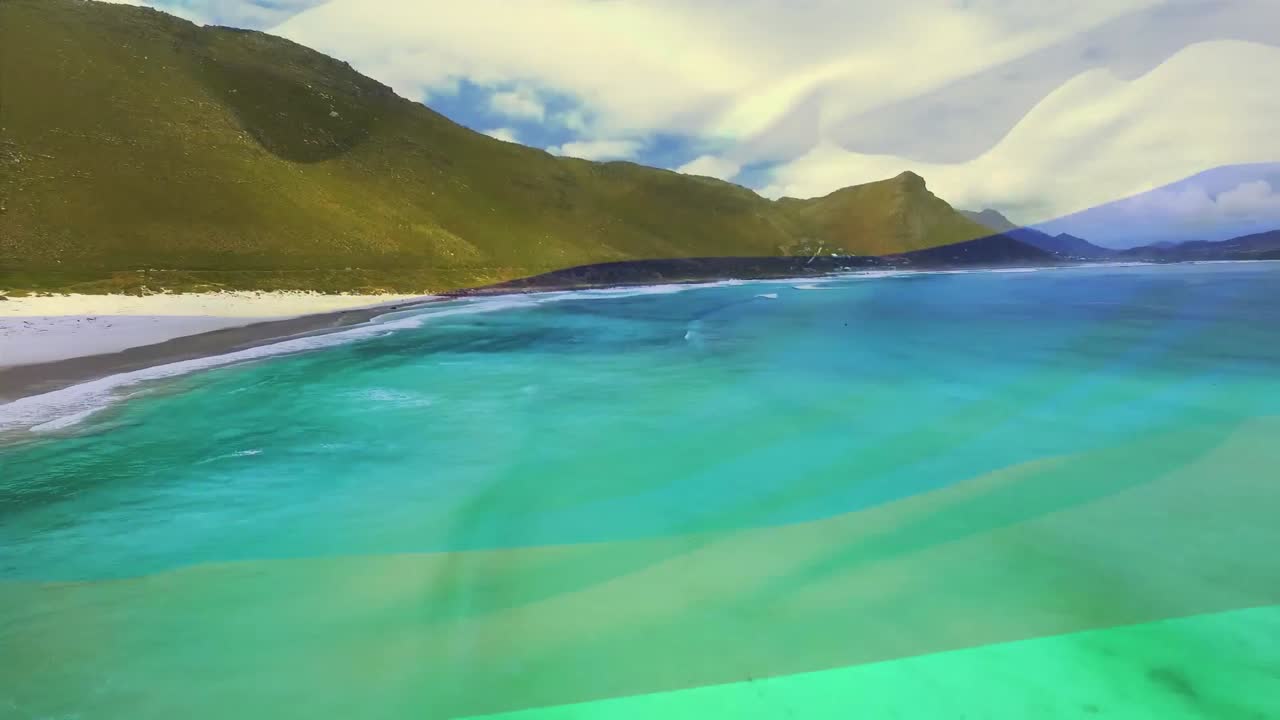 해변과 바다의 공중 전망에 대항하여 콜롬비아  ⁇ 발을 흔드는 디지털 구성