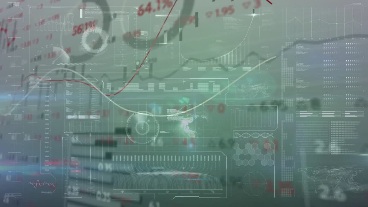 Animation of financial data processing over dark background