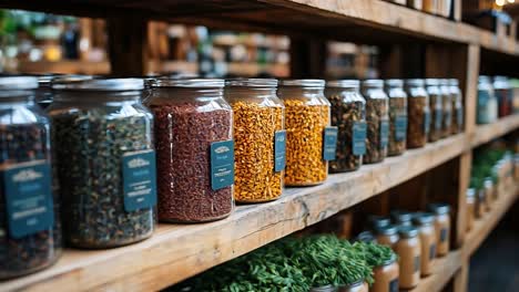 jars of food and grain on wooden shelves