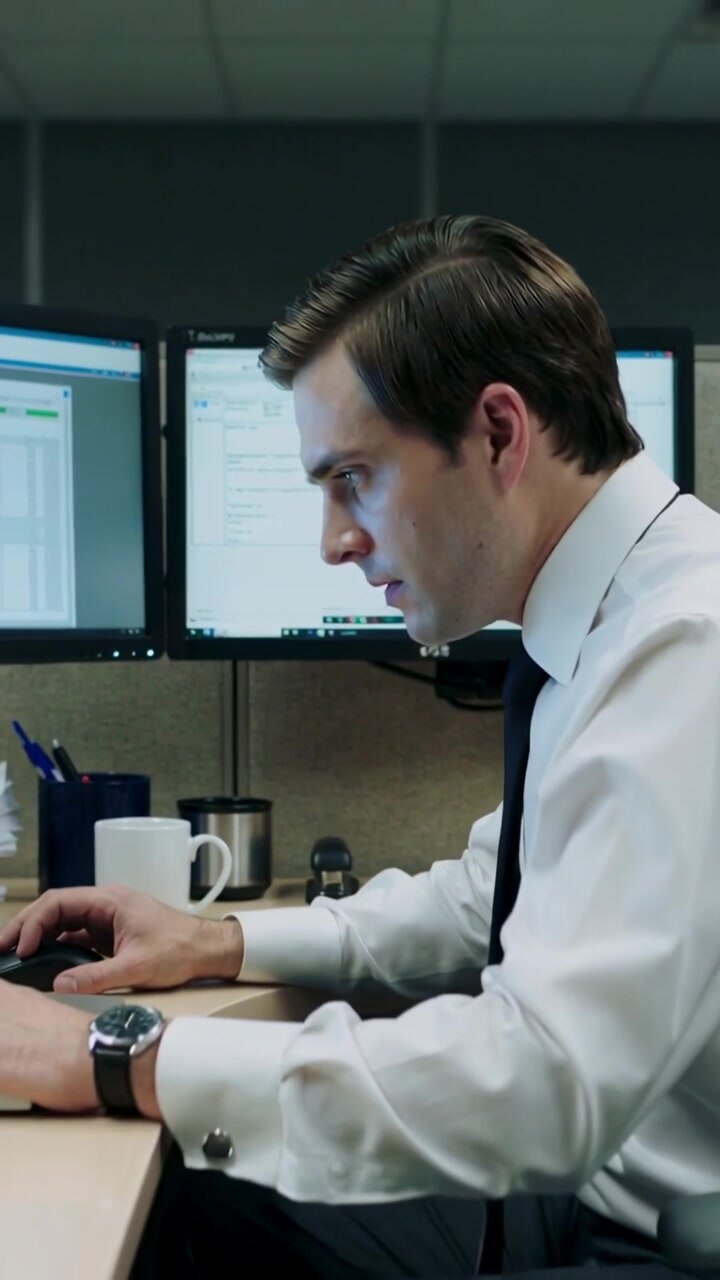 Vertikal video: Mand gnider sig i øjet, i skjorte og slips, taster for at læse dokumenter på to skærme i et kontorbås