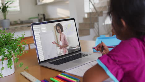 chica afroamericana haciendo la tarea mientras tiene una videollamada con una maestra en una computadora portátil en casa
