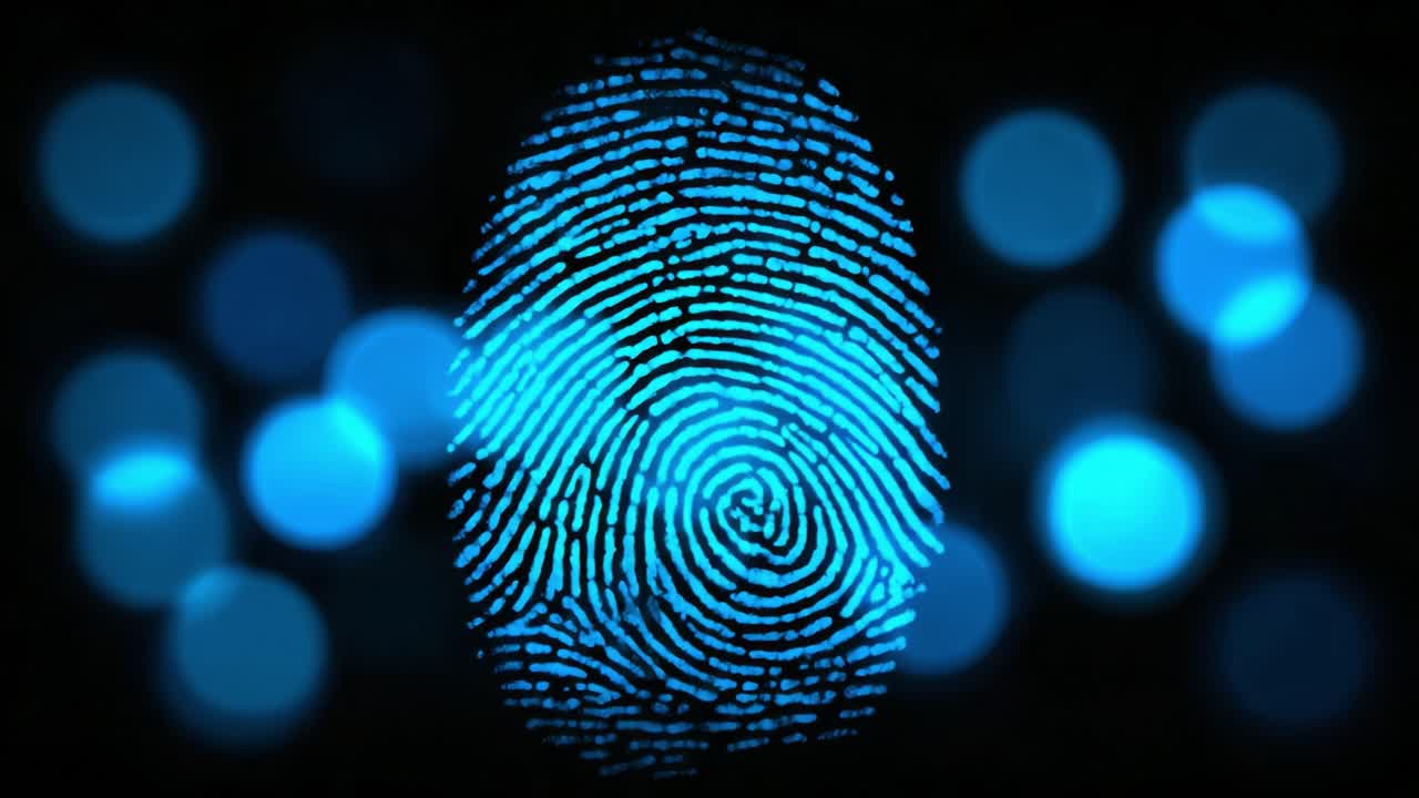 A mesmerizing close-up view of a fingerprint illuminated by vibrant blue and soft bokeh lights, capturing the intricate patterns and details of biometric identification