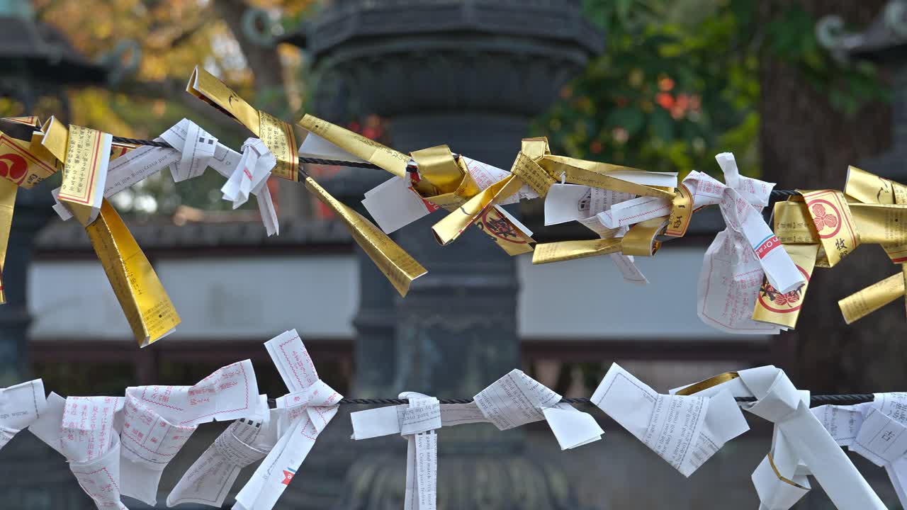 A close view of traditional paper fortunes (omikuji) tied to a rope at a Japanese shrine, representing hopes and wishes for the future.