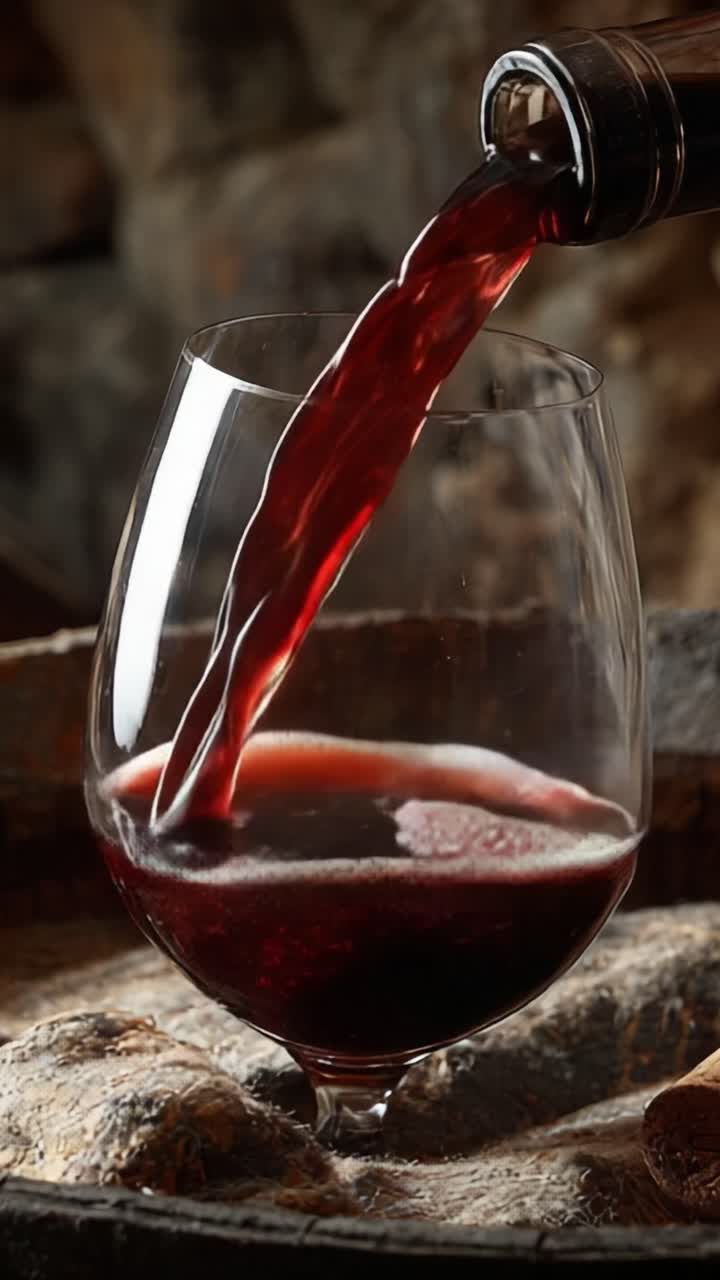 Un viaggio affascinante attraverso le ricche e profonde tonalità del vino rosso versato in un elegante calice, che mette in mostra la bellezza e il fascino di questa bevanda senza tempo.