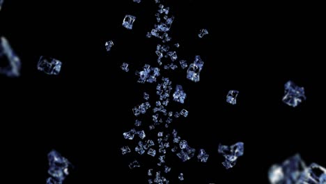 flying many clean ice cubes on black background. pieces of crushed ice, natural water. 3d animation of crushed ice rotating. loop animation.