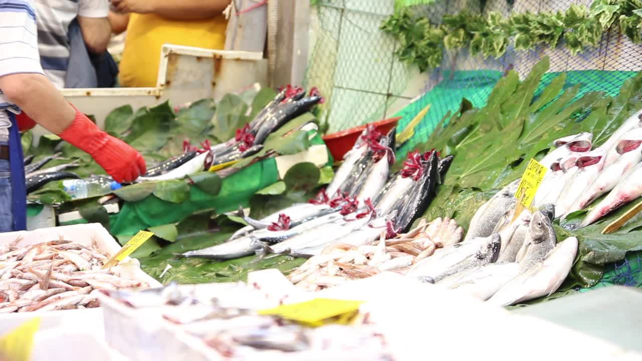 pescado marino fresco en el mostrador de la tienda de pescado