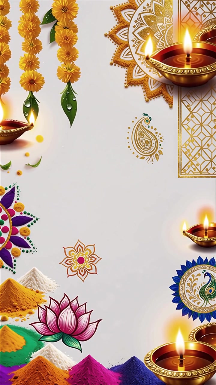 Sfondo Diwali con Diyas luminosi, Rangoli e fiori di loto