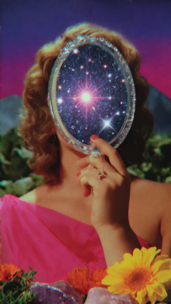 Surreal video concept with a woman holding a mirror reflecting a starry sky