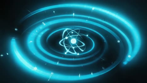 abstract glowing blue atom with energy spiral