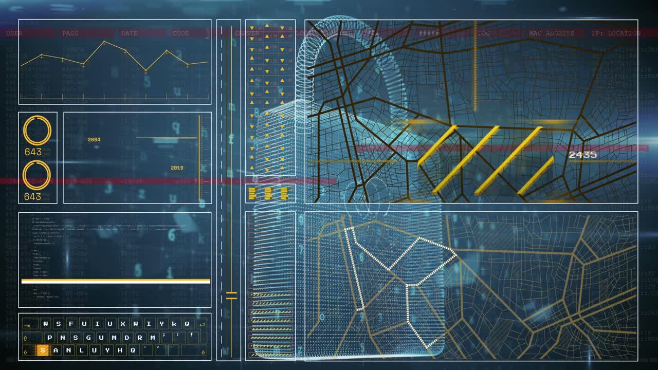 animazione dell'interfaccia con l'elaborazione dei dati sull'icona del lucchetto di sicurezza su sfondo blu