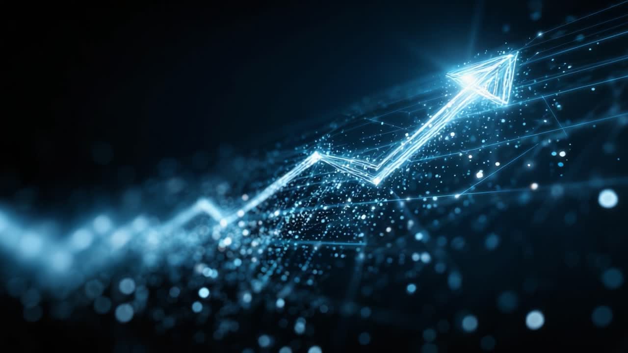 Dynamic Data Visualization: A Stunning Representation of Growth and Progress Showcasing a Bright Blue Arrow Ascending in a Digital Network of Dots and Lines