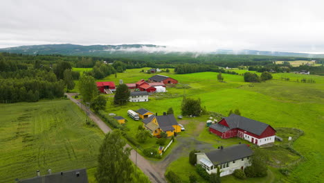 flying over farmhouses over green meadow fields in south-eastern norway