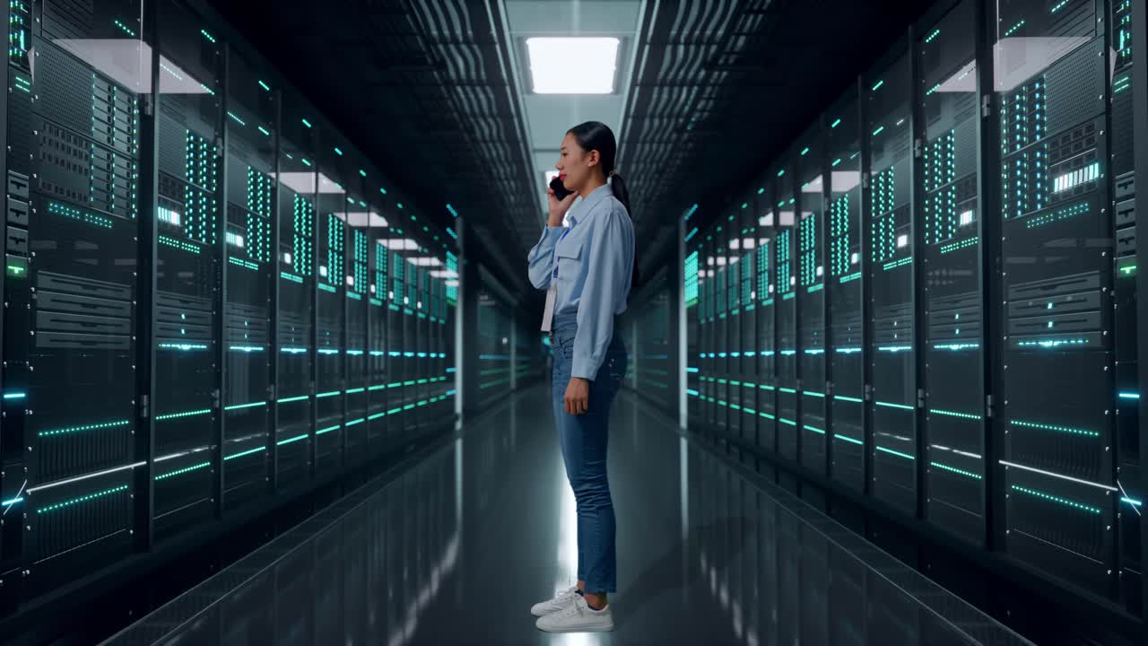 Vista laterale a figura intera di una donna asiatica in una sala server di un data center, che sta parlando al telefono con qualcuno.