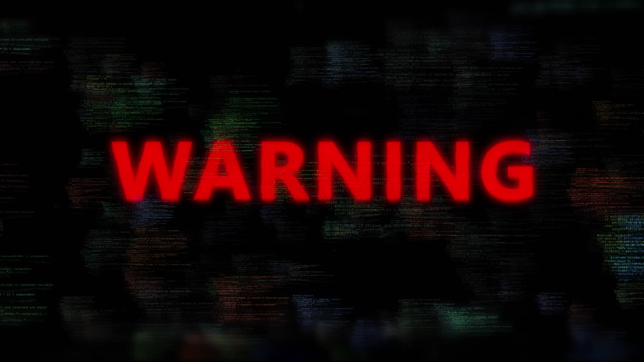 Dynamic digital animation of red warning text glitch effect over colorful programming code for