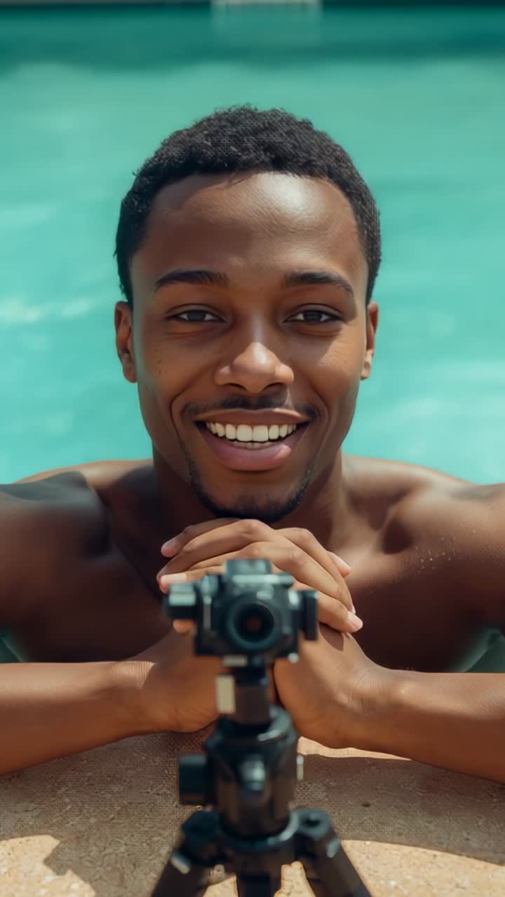 Giovane Uomo Felice che Sorride alla Fotocamera in Piscina