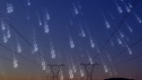 Power network featuring silhouetted transmission towers at twilight, streaming glowing binary code