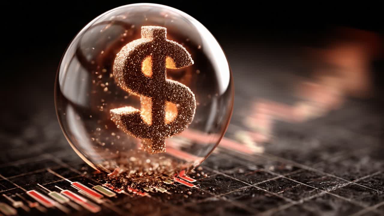 Een visuele weergave van financiële groei in een kristallen bol: de fonkelende dollar binnenin met geïllustreerde datatrends, symboliserend rijkdom en markttrends
