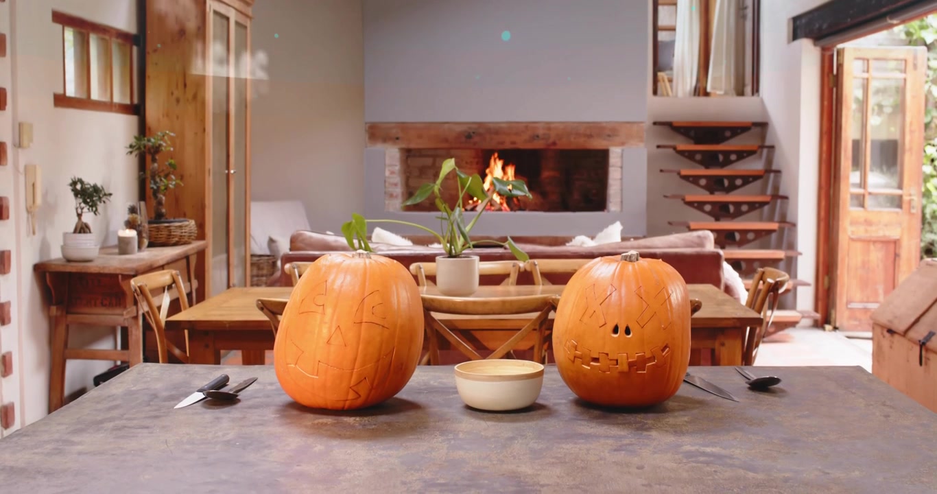 Holographic prompt activating triggers numbers floating, camera dollying showcasing carved pumpkins