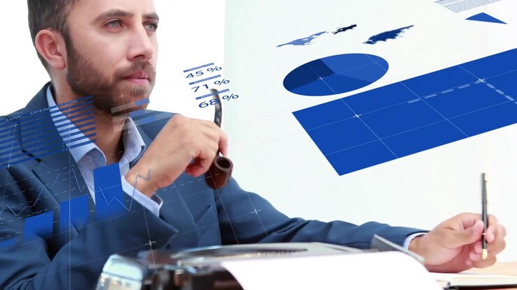 Animation of financial data processing over caucasian businessman taking notes and smoking pipe