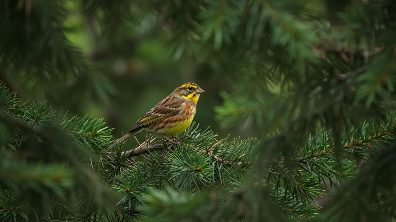 A Yellow Bird Perched Gracefully Among Green Pine Needles, Capturing the Beauty of Nature in its Vibrant Colors and Serene Environment